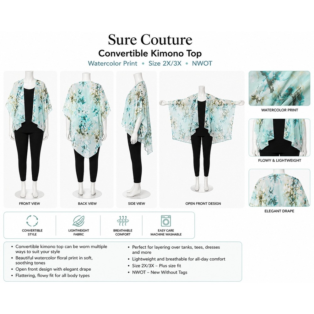 Sure Couture Convertible Kimono Top Watercolor Floral Print Blue Green 2X/3X New